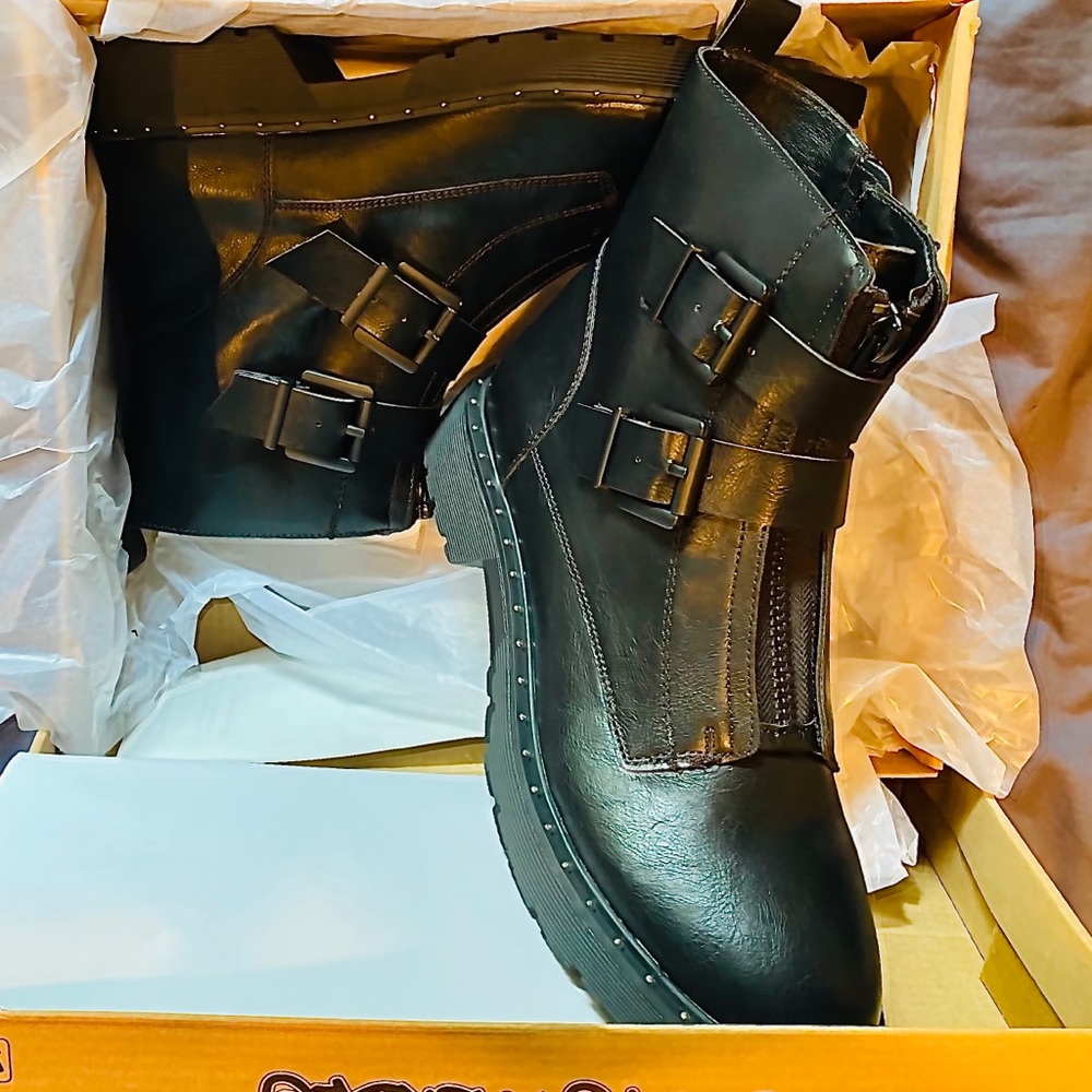 Vegan Leather Ankle Combat boots -studded buckle